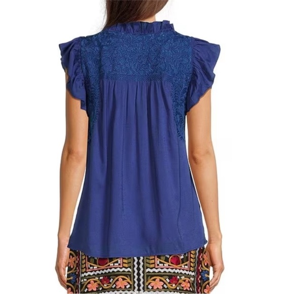 J. Marie Woven Embroidered Cap Sleeve Ruffled Trim Blue Top NWOT XS - Picture 2 of 8
